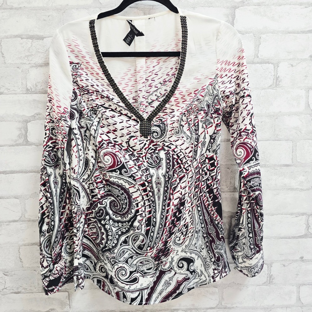 White House Black Market Beaded V-Neck Paisley Blouse Burgundy White Size 2